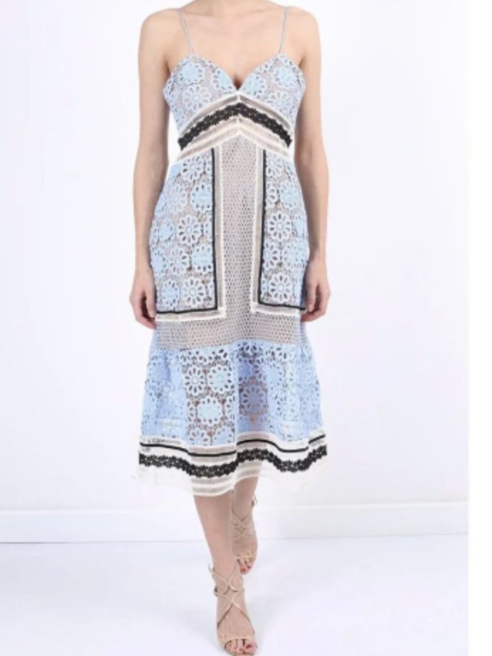 Self-Portrait Blue Black White Floral Lace Midi Dress 8